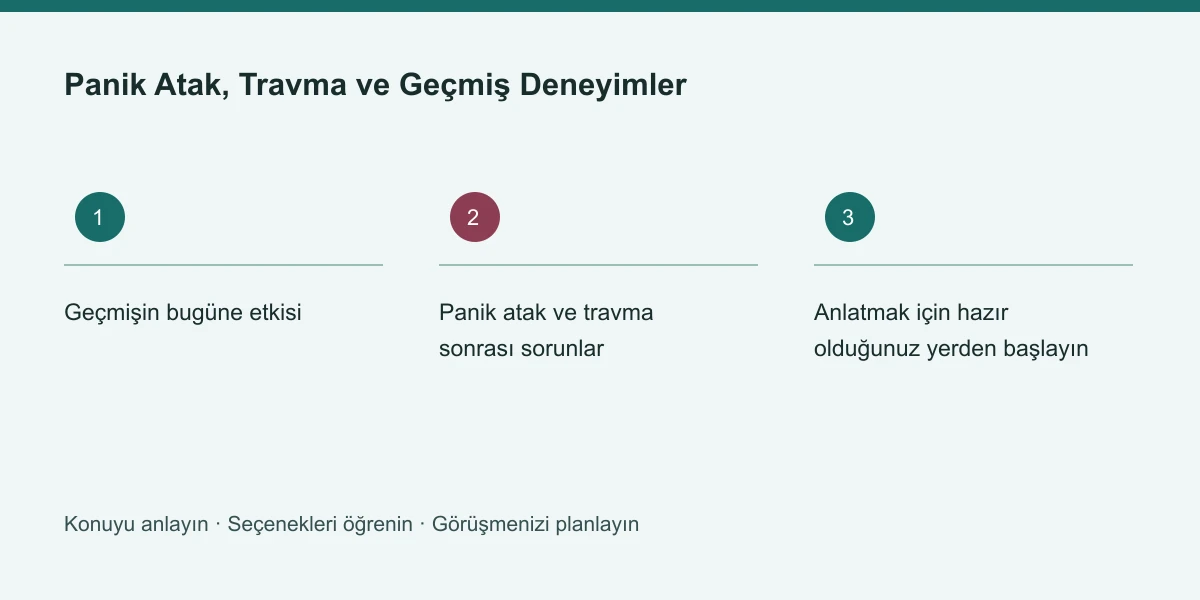 Panik Atak, Travma ve Geçmiş Deneyimler konusunun ana başlıklarını gösteren özgün bilgi şeması