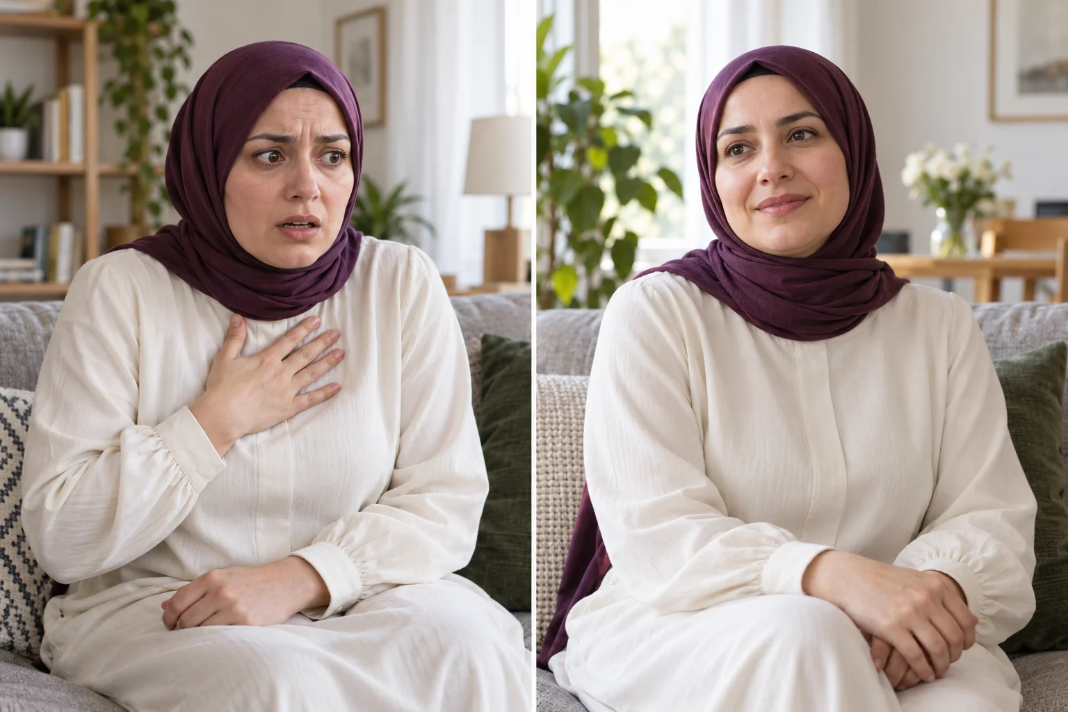 Panik Atak ve Bilinçaltı İlişkisi | Panik Atak Neden Olur? Başörtülü kadının panik hissiyle kaygılı ve daha sakin iki hali, otomatik korku tepkilerini anlatan temsili görsel